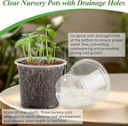 RooTrimmer 60 Pack Clear Nursery Pots with Humidity Domes, 4 Inch Plastic Plant Pots with Drainage Holes for Seedlings, Transparent Seed Starting Pot for Cuttings Propagation Indoor Gardening