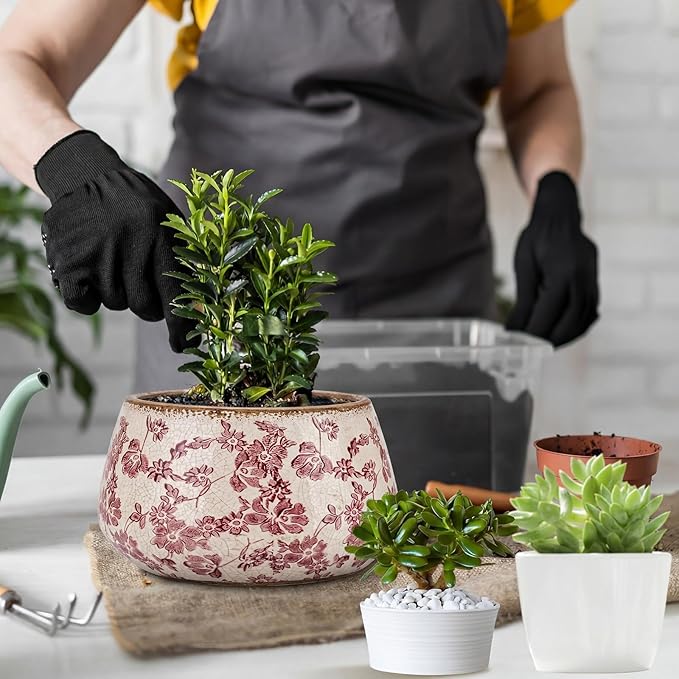 9.8 Inch Large Vintage Ceramic Planter Ice Crack Glaze Pink Rose Floral Flower Pot with Drainage Hole Rustic Decorative Plant Pots Gifts for Home Kitchen Office Indoor Outdoor Plants
