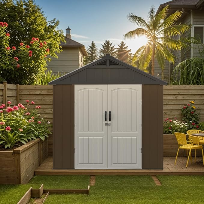 Patiowell 8 x 8 FT Plastic Outdoor Storage Shed with Floor, Resin Shed with Window and Lockable Door for Garden, Backyard, Tool Storage Use, Easy Assemble, Gray (Kick-it Shed)