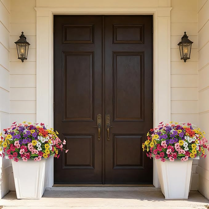 24 Bundles Lifelike Outdoor Artificial Flowers, UV Protected No Fade Fake Silk Plants for Spring Summer, Realistic Faux Flowers for Garden Porch Patio Decorations (6 Color Mix)