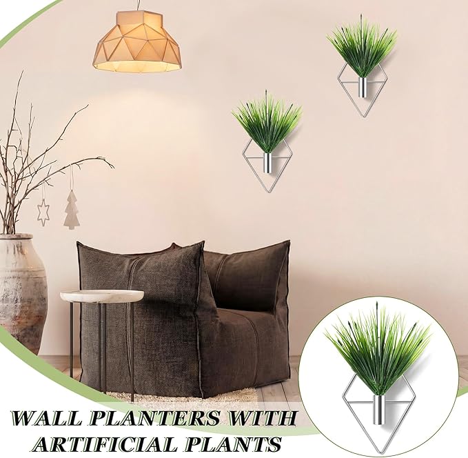 Canlierr 4 Pieces Silver Wall Decor Hanging Planters with Artificial Plants Metal Vase Indoor Aquatic Plant Holder Modern Geometric Wall Art for Home Bathroom Bedroom Living Room Office