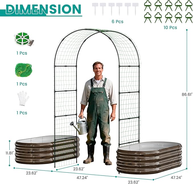 SUNYRISY Galvanized Raised Garden Bed with 87" H Arch Trellis for Climbing Plants Outdoor, Metal Planter Box with Netting for Gardening Flowers Vegetables Fruit Herb, Wood Grain