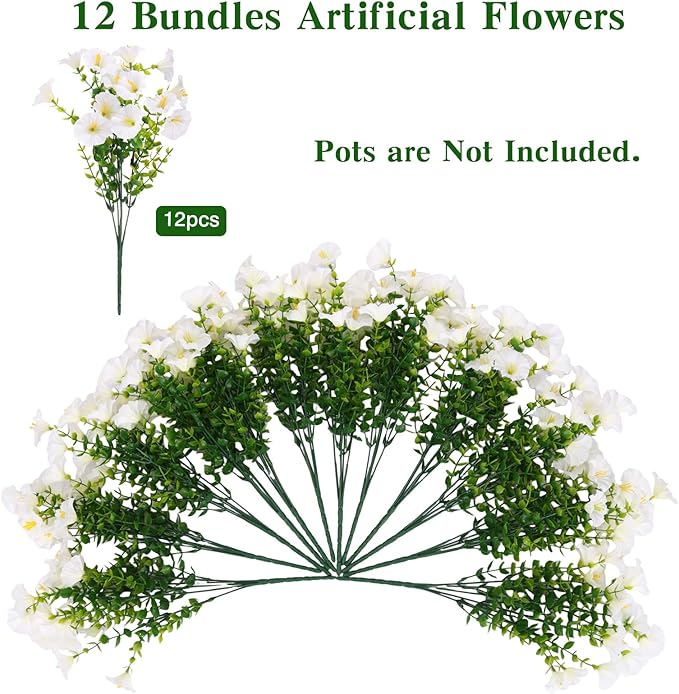 CEWOR 12 Bundles Artificial Flowers for Outdoor Indoor, Fake Silk Morning Glory with Eucalyptus Leaves, Faux Flower for Garden Front Door Porch Planter Patio Home Decor (White)