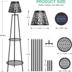 2 Pack Solar Floor Lamps Outdoor with 2-Tier Plant Stand, Metal Tall Planter Holder with Waterproof LED Lantern, Decorative Patio Light & Flower Pot Display Rack for Garden, Deck, Porch, Balcony