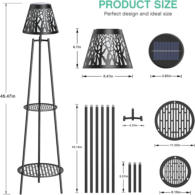 2 Pack Solar Floor Lamps Outdoor with 2-Tier Plant Stand, Metal Tall Planter Holder with Waterproof LED Lantern, Decorative Patio Light & Flower Pot Display Rack for Garden, Deck, Porch, Balcony