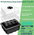 Sfee 10 Pack Seed Starter Tray Kit, 120 Cells Seedling Starter Trays with Humidity Dome and Base Greenhouse Growing Trays, Reusable Seedling Tray with Garden Tools Labels (Black)