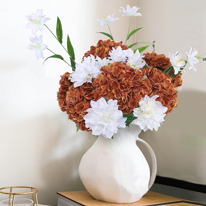 Coferset Fall Orange Hydrangea Artificial Flowers 3pcs Lifelike Faux Hydrangea Real Touch Fake Flowers for Home Wedding Christmas Office Party Living Room Decoration,22inch