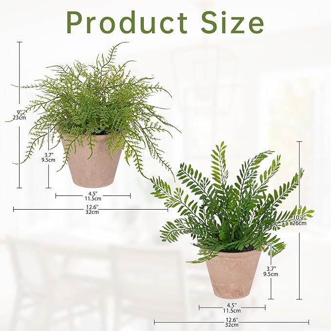 2 Pack Artificial Fern Potted Plant, Fake Plants in Pot, Small Faux Fern Plant for Home Office Farmhouse Living Room Bathroom Kitchen Tabletop Desk Shelf Decoration