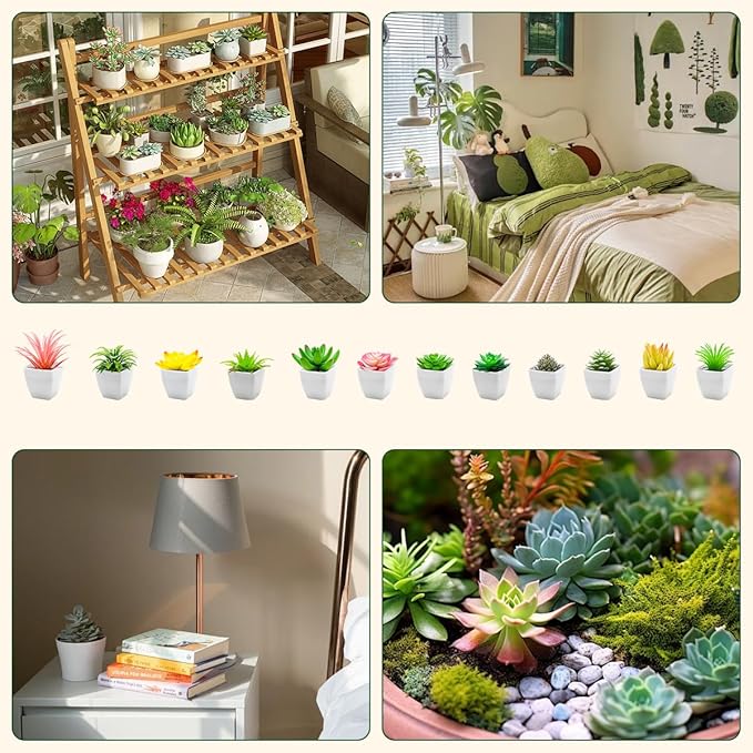12 Pcs Mini Artificial Succulents Plants, Small Fake Potted Realistic Textured Succulent Premium Decor for DIY Crafting Home Floral Wall Garden Arrangement Office Decoration