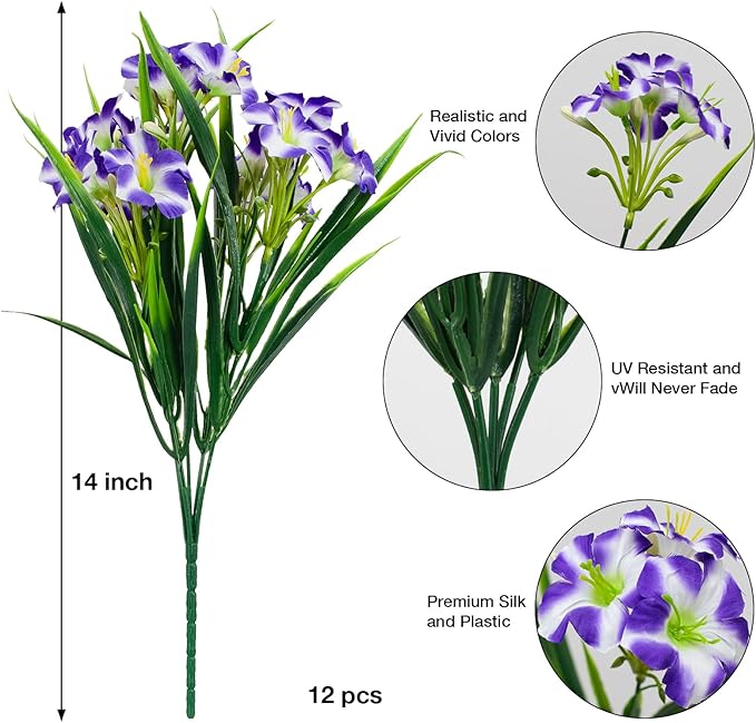 LikSoor Outdoors Artificial Flowers Spring Summer Decor Fake Petunias UV Resistant Flower Faux 12 Bundles Realistic Plastic Plant Porch Patio Window Box Garden Decoration (Purple)
