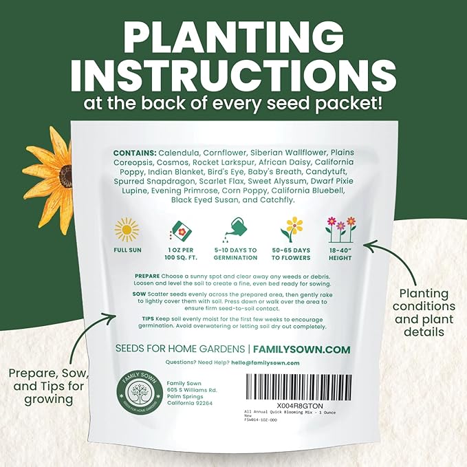 All Annual Quick Blooming Mix - 16,000 Flower Seeds for Planting - Wildflower Mix - Large 1 Ounce Packet