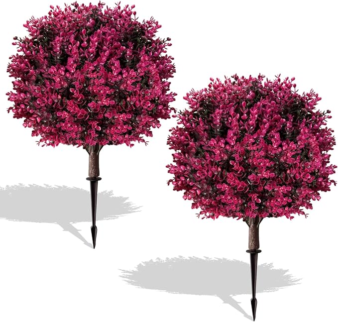 Artificial Pink Eucalyptus Topiary Ball Trees, Set of 2 UV Resistant Fake Evergreen Shrubs Bushes Plants with Ground Spike, 18" Fake Plants for Outdoor Indoor Front Porch Garden