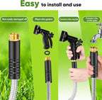 Garden Hose Metal 25FT, Stainless Steel Heavy Duty Water Hose With 10 Function Nozzle, No-Kink, Tough & Flexible, Sturdy and Lightweight, Rust Proof for Yard, Outdoor, RV