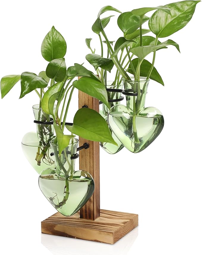 Plant Terrarium Propagation Stations with Wooden Stand, Glass Vase for Indoor Hydroponics Home Garden Office Decoration Gift for Women - 4 Love Bulb Vase