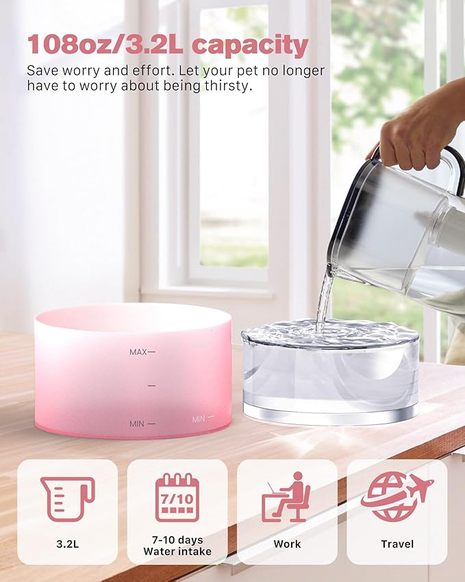 Pink Cat Water Fountain: Cat Fountain Super Silent Pet Water Fountain | 108oz/3.2L Water Fountains for Cats Indoor - Faucet Cat Fountain - Quiet Water Pump - Suitable for Cats and Dogs - BEMOONY