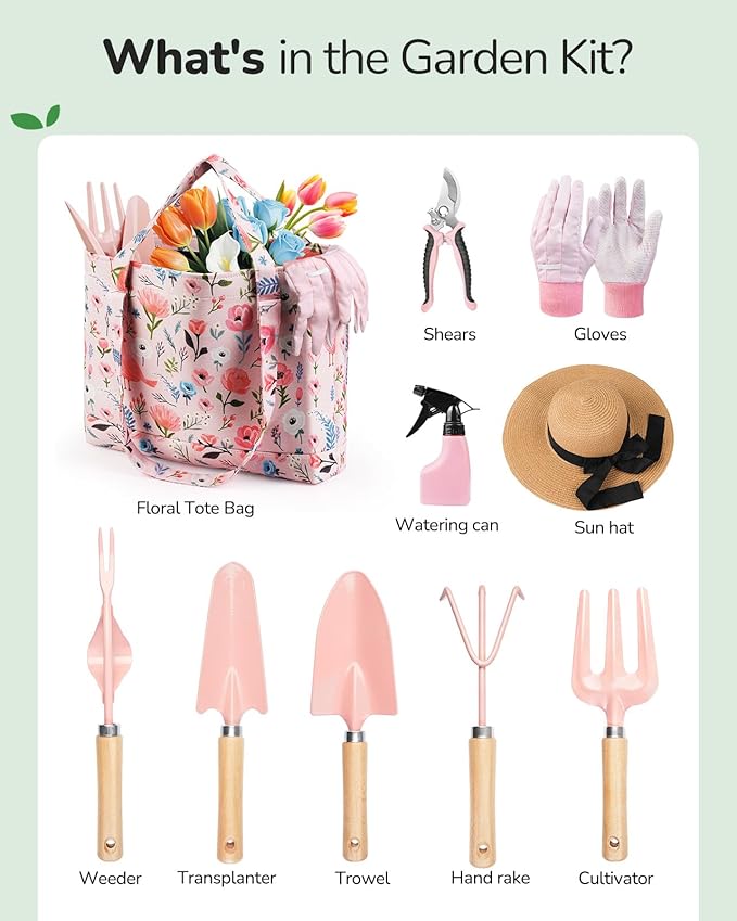 Grenebo Gardening Tools, 10-Piece Gardening Gift Set for Women, Rust-Proof & Heavy-Duty Tools with Floral Organizer Bag, Fashionable & Thoughtful Gift for Garden Women (Pink Red)