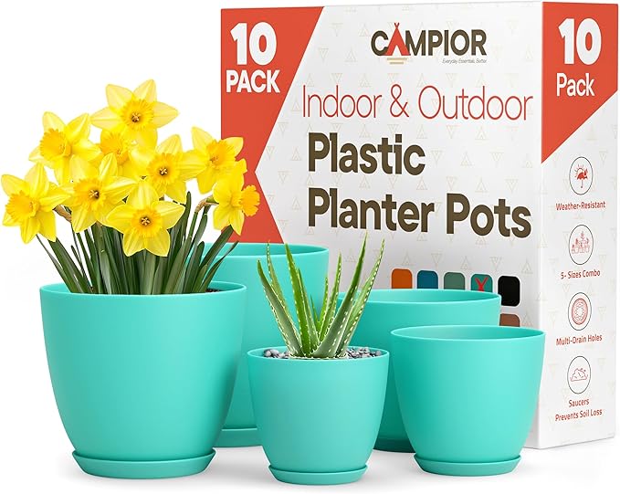 Planter Pots with Drainage Holes - Lightweight, Durable, and Space-Saving Pots for Indoor and Outdoor - Versatile Functionality, Simple Modern Design, Set of 10 Plastic Planter Pots - Aqua