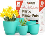Planter Pots with Drainage Holes - Lightweight, Durable, and Space-Saving Pots for Indoor and Outdoor - Versatile Functionality, Simple Modern Design, Set of 10 Plastic Planter Pots - Aqua