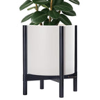 D'vine Dev Planter Pot with Stand - 14 Inch Plastic Cylinder Flower Pot with Wood Planter Holder for Indoor, Oatmeal Pot + Ebony Stand, 55-C-T-4