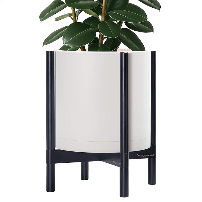 D'vine Dev Planter Pot with Stand - 14 Inch Plastic Cylinder Flower Pot with Wood Planter Holder for Indoor, Oatmeal Pot + Ebony Stand, 55-C-T-4
