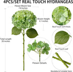 4 Pcs Real Touch Green Hydrangeas Artificial Flowers 20'' Long Stem Faux Hydrangeas for Outdoor Party Wedding Home Decor Kitchen Table Centerpiece