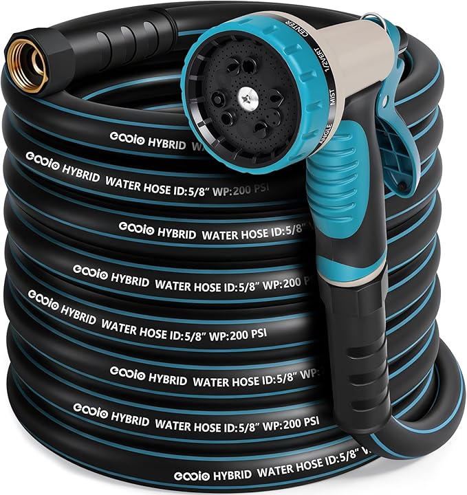 Heavy Duty Garden Hose 75 ft, NON-EXPANDABLE Water Hose with 10 Function Spray Nozzle, Lightweight Kink-less Hybrid Hose with Swivel Handle, Male to Female Fittings