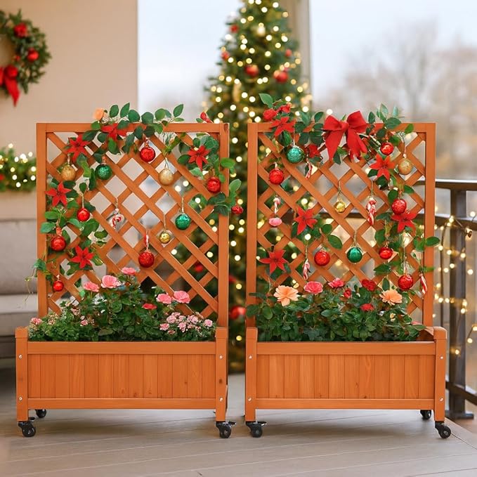 2 Pcs Wooden Planter Boxes with Trellis: Four Universal Wheels for Easy Mobility, 37.6" H x 27.5" W x 13" D,Perfect for Outdoor Climbing Plants on Patios, Balconies & Gardens
