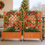 2 Pcs Wooden Planter Boxes with Trellis: Four Universal Wheels for Easy Mobility, 37.6" H x 27.5" W x 13" D,Perfect for Outdoor Climbing Plants on Patios, Balconies & Gardens