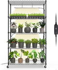 Bstrip Plant Shelf with Grow Light with Timer, Metal Plant Stand with Adjustable Rack and Wheels, 4 Pack 24W Full Spectrum Grow Light Strip for Indoor Plants, Seed Starting, 35.4"x13.8"x59"