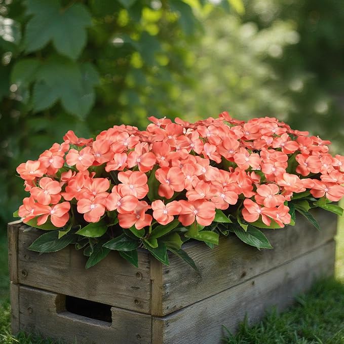 CITYES 4 Pcs Artificial Flowers Outdoor Impatiens UV Resistant Fake Silk Impatiens Flowers Orange Faux Flowers Impatiens Bushes Artificial Impatiens for Outdoor Planter Pot Hanging Basket Porch Decor