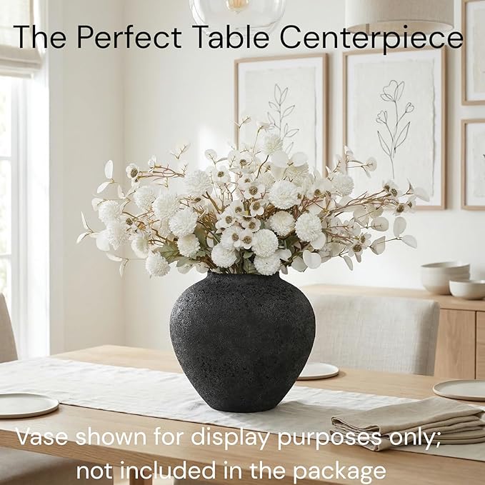 20pcs White Artificial Flowers Bulk For Vase That Look Real, White Flower Centerpiece For Table, Silk Floral Home Decor Indoor, Faux Kiku + Eucalyptus Stems + Wildflowers, Flores Blancas Artificiales