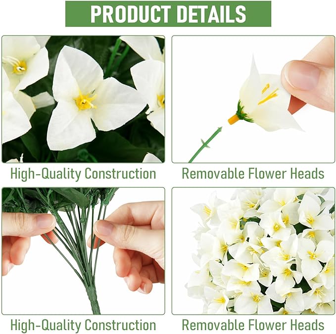 ATTGREAT Artificial Bougainvillea for Outdoors Faux Plants UV Resistant Flowers Fake Plastic Plants Realistic Silk Flowers for Porch Planter Garden Outside Hanging Decoration, 2Pcs (White)