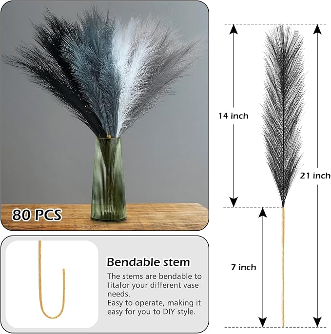 SeptCat 80 Pcs Pampas Grass Decor 21.7" Fluffy Black White Grey Faux Short Pampas Grass Artificial Small Pompas Grass Flower Vase Filler for Home Wedding Decoration