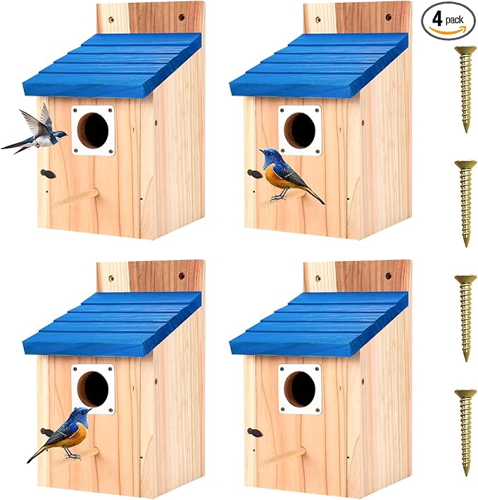 4-Pack Blue Wooden Bird Houses for Outdoors with Predator Guard, Bluebird Houses for Outside – Ideal for Bluebirds & Other Backyard Birds, Blue