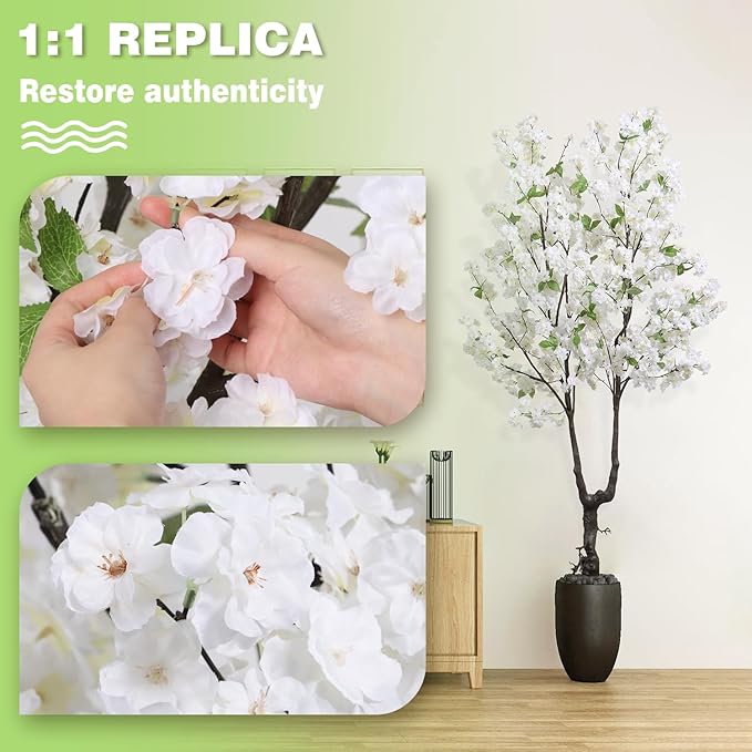 Faux White Cherry Blossom Tree 6ft(72in) Tall Artificial Japanese Sakura in Pot Realistic Cherry Plant Decor Handmade Natural Fake Pink Flower Tree for Christmas,New Year,Wedding,Living Room