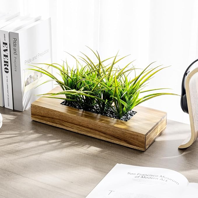 MyGift Large Artificial Green Grass Plants Potted in 14 Inch Premium Acacia Solid Wood Rectangular Planter Box, Decorative Tabletop Faux Greenery Centerpiece Décor