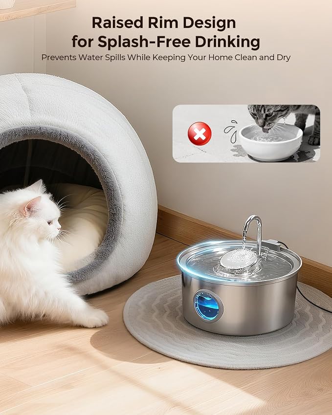 Invengo Cat Water Fountain Stainless Steel, 108oz/3.2L Pet Fountain with Large Water Level Window, Ultra Quiet Automatic Cat Water Dispenser for Cats and Dogs, 2 Flow Modes, Splash-Proof Design