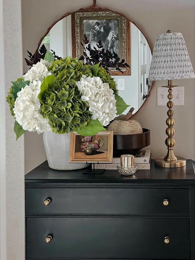 YalzoneMet 4Pcs Dark Green Real Touch Hydrangea Artificial Flowers 21'' Faux Latex Hydrangea Flowers for Fall Table Centerpieces Fake Flowers for Home Kitchen Living Room Boho Decor