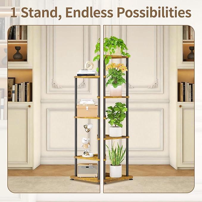 LASZOLA 6 Tier Tall Wood Plant Stand Indoor, Heavy Duty Corner Plant Rack for Large Planters, Multi Level Vertical Metal Flower Holder Display Shelf for Living Room Patio Balcony Garden, Rustic Brown
