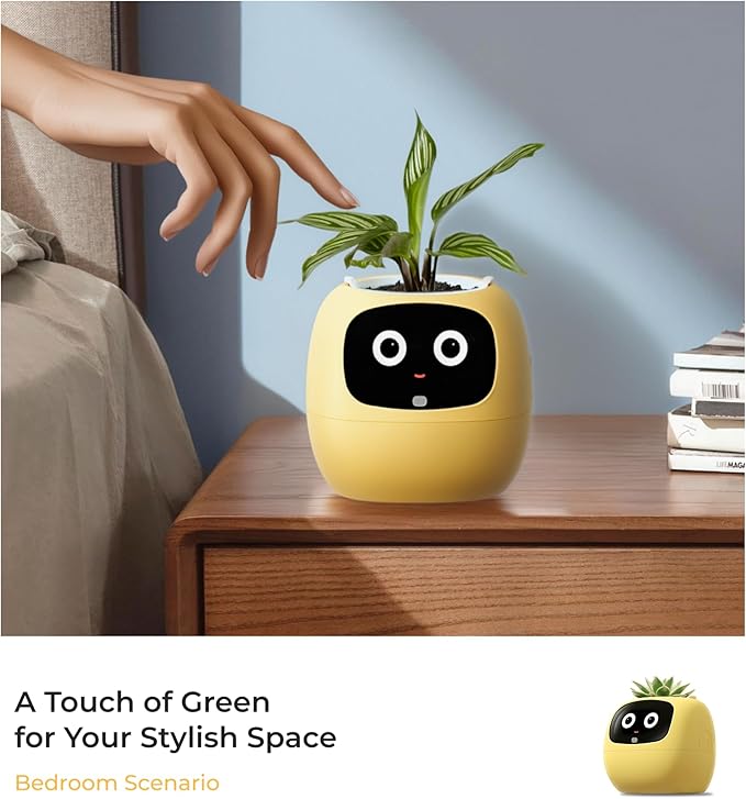 Smart Pet Planter, Smart Plant Pot, With Artificial Intelligence, Time Weather Display, And Multiple Expressions Animation,Lovely Plant Companion, For Desktop Decoration, Gifts,Plant-Free (Lemon)