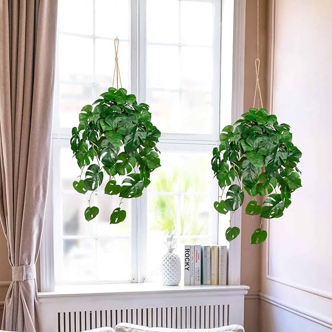Large Fake Hanging Plants in Pot for Indoor & Outdoor, Long Artificial Hanging Monstera Plants, 27.6" Fake Potted Vines Ivy Greenery Plant for Room Wall Shelf Decor Living Room Bathroom Patio Porch