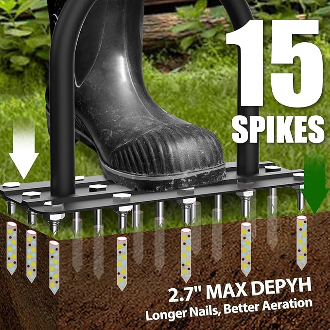 Aerator Lawn Tool Lawn Aerator -Heavy Duty Manual Grass Aerator with 15 Iron Spikes, Height Adjustable, Yard Aerator Tool for Lawn（Orange）
