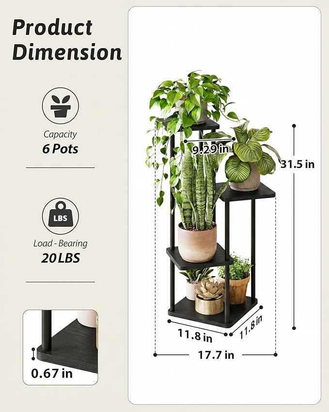 GENTINGBRO Tall Plant Stand Indoor 4 Tiered Plant Shelf for Multiple Plants Coner Shelf Stand Wood Plant Stand Metal Shelving for Living Room Bedroom Balcony Patio Black