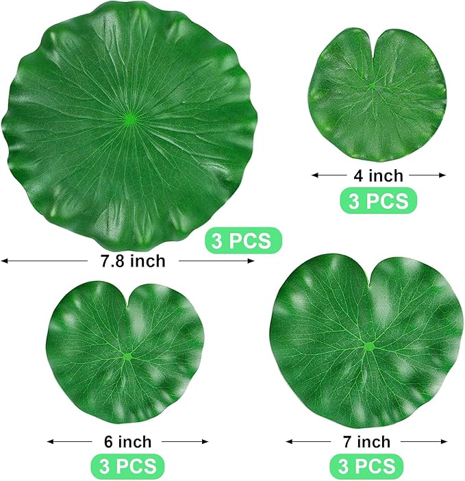 12Pcs Floating Lily Pads for Ponds, Fake Lily Pads, Artificial Lotus Leaves Decorative, 6in 7.8in 7in 4in Each 3pcs(Total 12pcs)