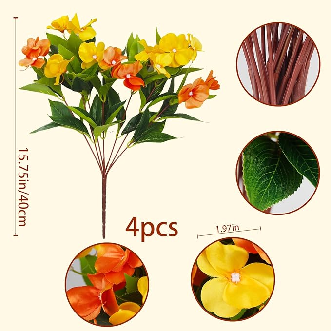 CITYES 4 Pcs Artificial Flowers Outdoor Impatiens UV Resistant Fake Silk Fall Flowers Orange Yellow Faux Flowers Impatiens Bushes for Outdoor Planter Pot Hanging Basket Porch Autumn Fall Decor