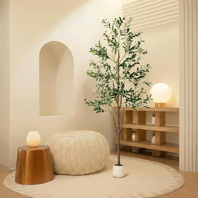 Olive Tree, 6FT Tall Faux Olive Tree with Moss and Planter, Olive Trees Artificial Indoor with Realistic Wood Trunk and Lifelike Fruits, Fake Olive Tree for Home Office Living Room Decor