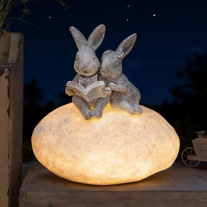 Solar Bunny Garden Statue with LED Light – Cute Solar Garden Decor Outdoor Rabbit Statue for Patio Yard Backyard Lawn, Bunny Decor Garden Statues, Easter Rabbit Gifts-Stone