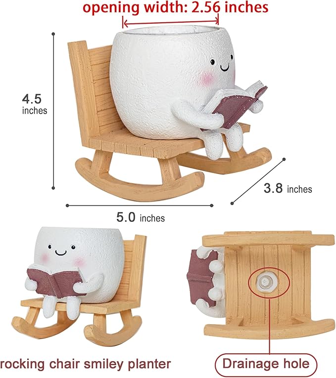 Rocking Chair Smily Face Planter with Drainage Hole, Cute Plant Pots for Indoor Outdoor Plants,Unique Funny Flower Pot for Succulents,Gift for Mother's Day, Birthday, Christmas(White)
