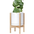 D'vine Dev Ceramic Planter with Natural Stand - 10 Inch Modern Round Flower Pot with Wood Planter Holder, White, 55-B-K-1