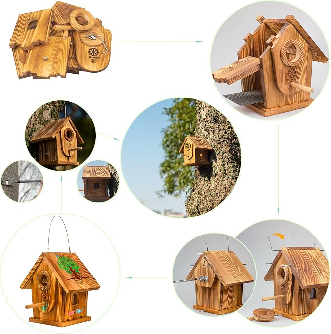 Bird Houses for Outside,DIY Kit for Adults & Kids,Solid Mortise & Tenon Structure,Carbonized for Durability and Aesthetic Appeal,Easy to Clearance,Paint Kit Included